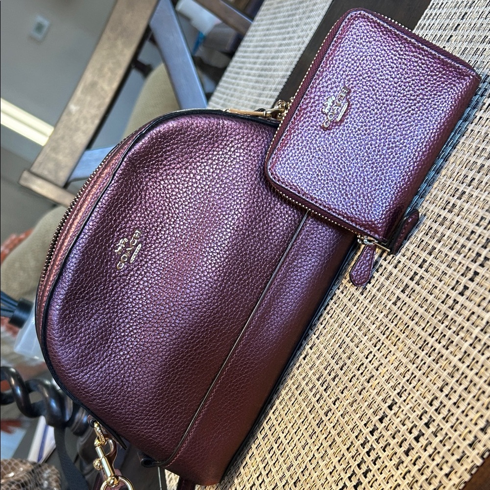 Coach Burgundy Leather Crossbody Bag and Wallet Set